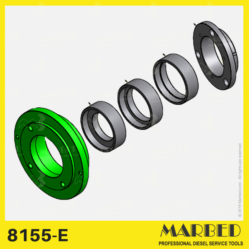 The flange 8155-E warrants the centered clamping of the majority of cr pumps (Bosch CP1, CP3, CP4, Delphi, Denso, VDO), on any test bench. 
The flange is equipped with 4 rings of reduction to suite the 50, 60, 68, 80 mm hub diameters, as well as CP1K pumps.
The flange requires 9680-A universal cradle or similar.